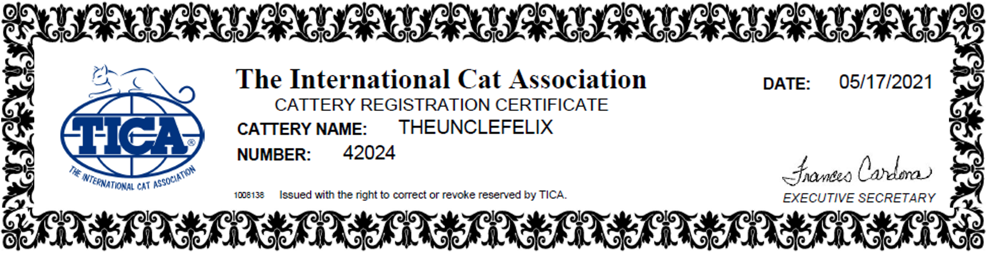 Certificado TICA Certificado TICA